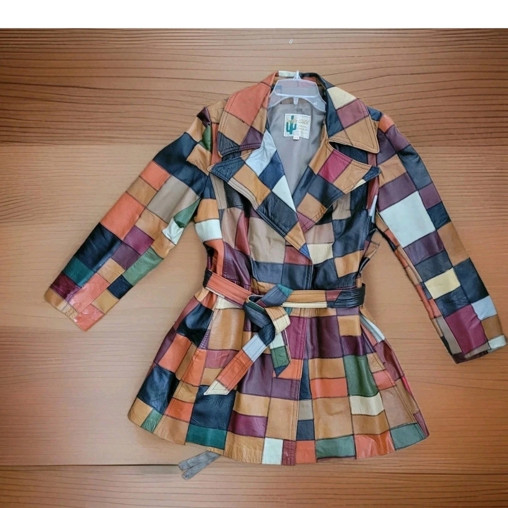 70s Patchwork Leather Mid Length Trench Wrap Jack… - image 1